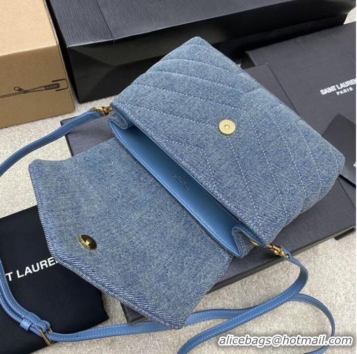 Famous Brand SAINT LAURENT PUFFER SMALL CHAIN BAG IN DENIM AND SMOOTH LEATHER 392255 BLUE