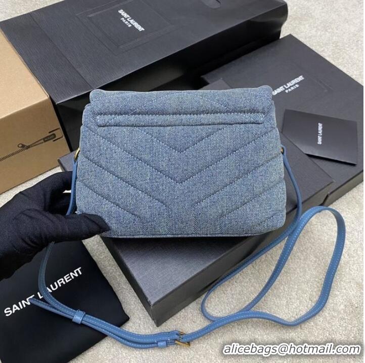 Famous Brand SAINT LAURENT PUFFER SMALL CHAIN BAG IN DENIM AND SMOOTH LEATHER 392255 BLUE