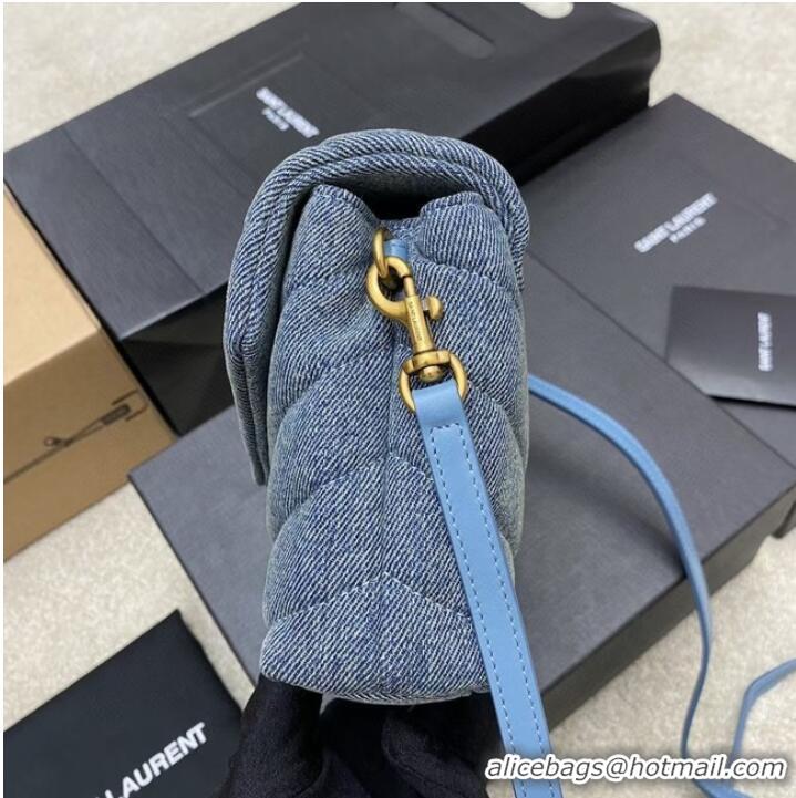 Famous Brand SAINT LAURENT PUFFER SMALL CHAIN BAG IN DENIM AND SMOOTH LEATHER 392255 BLUE