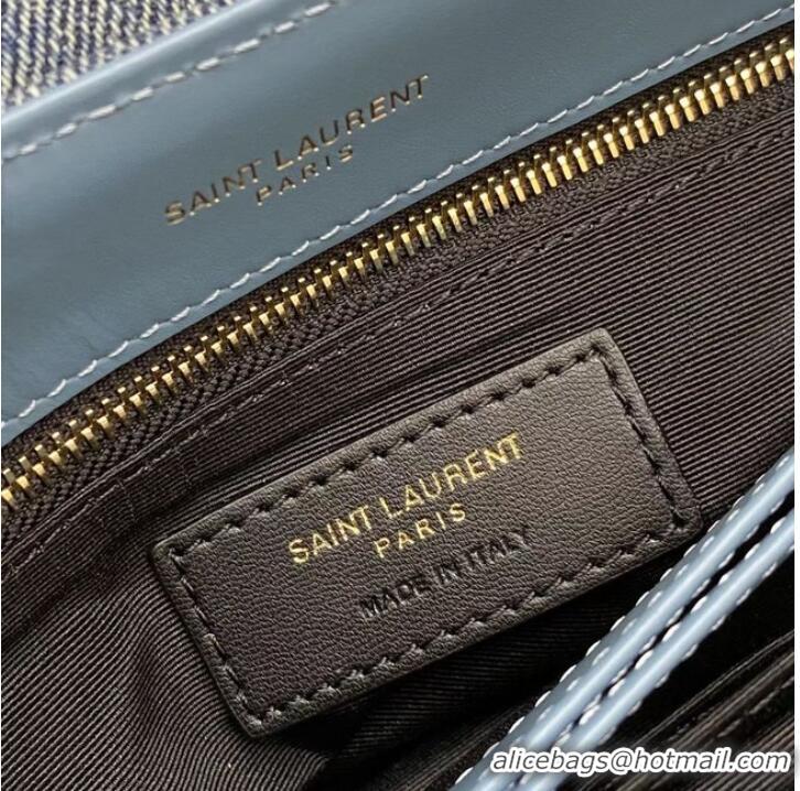 Famous Brand SAINT LAURENT PUFFER SMALL CHAIN BAG IN DENIM AND SMOOTH LEATHER 392255 BLUE