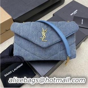 Top Grade SAINT LAURENT PUFFER CHAIN BAG IN DENIM AND SMOOTH LEATHER 320333 BLUE