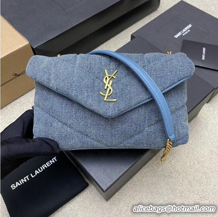 Top Grade SAINT LAURENT PUFFER CHAIN BAG IN DENIM AND SMOOTH LEATHER 320333 BLUE