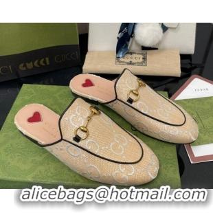 Super Gucci GG Raffia Effect Princetown Flat Slipper 699901 Beige