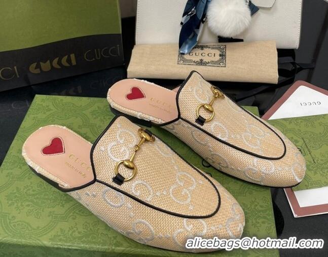 Super Gucci GG Raffia Effect Princetown Flat Slipper 699901 Beige