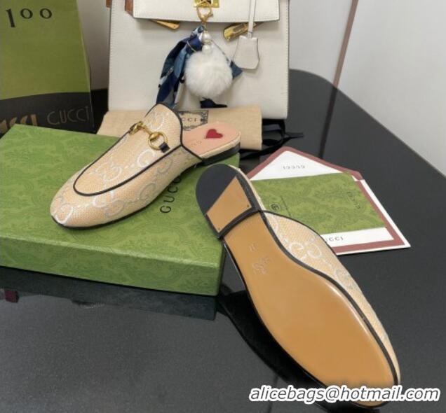 Super Gucci GG Raffia Effect Princetown Flat Slipper 699901 Beige