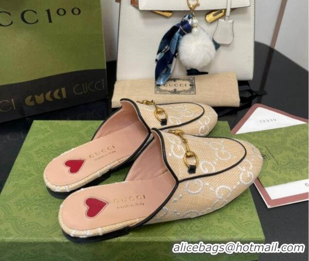 Super Gucci GG Raffia Effect Princetown Flat Slipper 699901 Beige