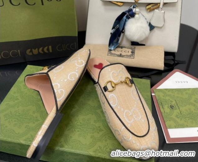 Super Gucci GG Raffia Effect Princetown Flat Slipper 699901 Beige