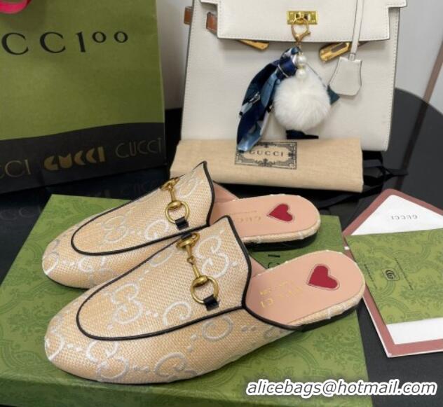 Super Gucci GG Raffia Effect Princetown Flat Slipper 699901 Beige