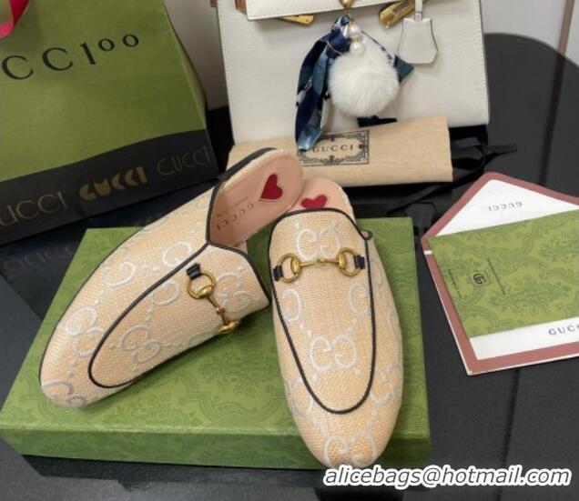 Super Gucci GG Raffia Effect Princetown Flat Slipper 699901 Beige