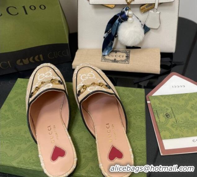 Super Gucci GG Raffia Effect Princetown Flat Slipper 699901 Beige