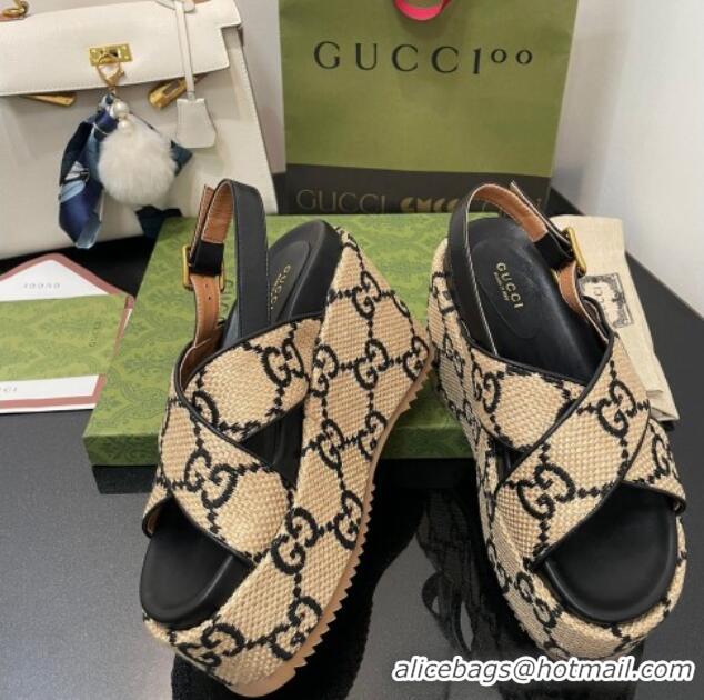 Good Product Gucci GG Platform Wedge Sandal 12cm Beige/Black 070406 