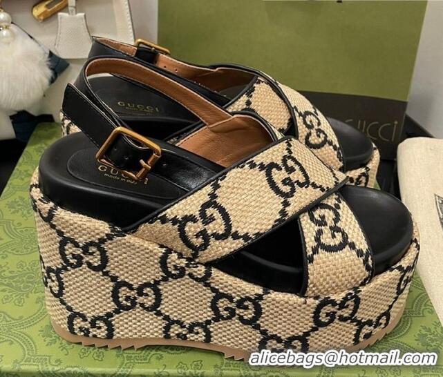 Good Product Gucci GG Platform Wedge Sandal 12cm Beige/Black 070406 