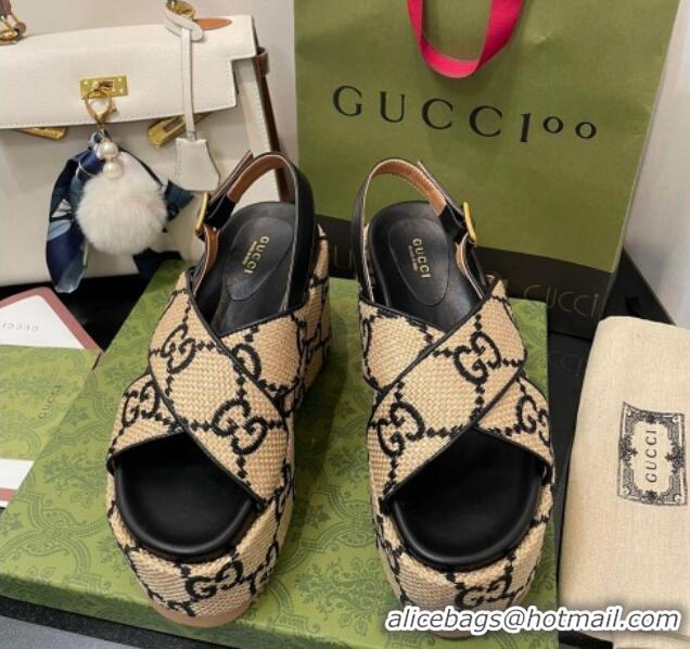 Good Product Gucci GG Platform Wedge Sandal 12cm Beige/Black 070406 