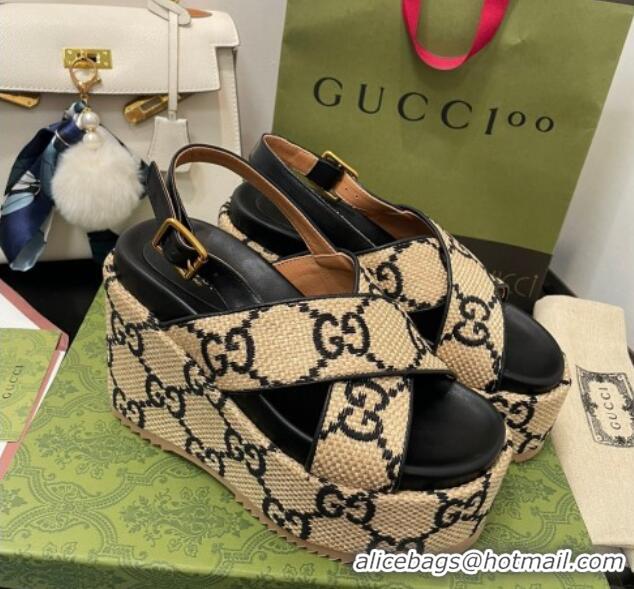 Good Product Gucci GG Platform Wedge Sandal 12cm Beige/Black 070406 