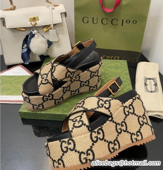 Good Product Gucci GG Platform Wedge Sandal 12cm Beige/Black 070406 