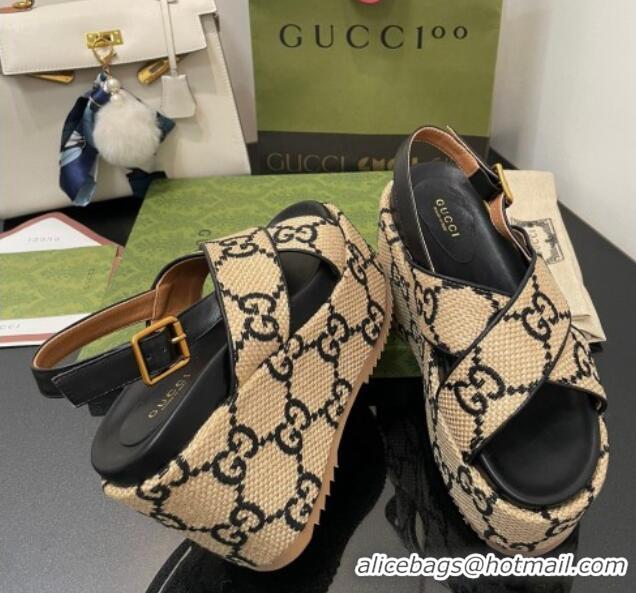 Good Product Gucci GG Platform Wedge Sandal 12cm Beige/Black 070406 