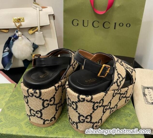 Good Product Gucci GG Platform Wedge Sandal 12cm Beige/Black 070406 