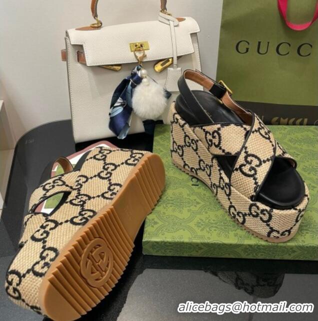 Good Product Gucci GG Platform Wedge Sandal 12cm Beige/Black 070406 