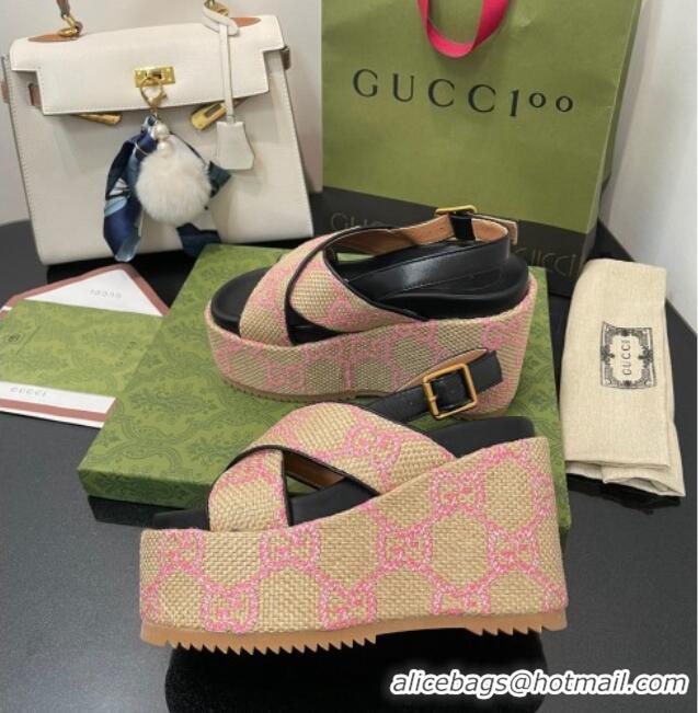 Cheap Price Gucci GG Platform Wedge Sandal 12cm Beige/Pink 070407