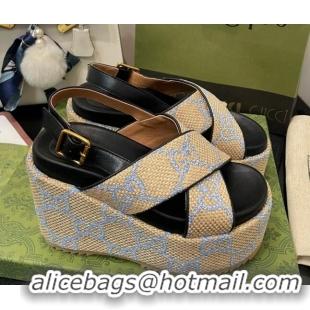 Unique Discount Gucci GG Platform Wedge Sandal 12cm Beige/Blue 07040609