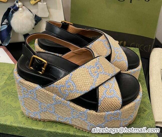 Unique Discount Gucci GG Platform Wedge Sandal 12cm Beige/Blue 07040609