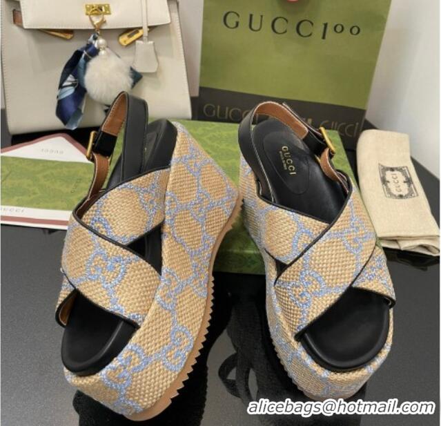 Unique Discount Gucci GG Platform Wedge Sandal 12cm Beige/Blue 07040609