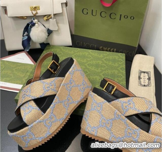 Unique Discount Gucci GG Platform Wedge Sandal 12cm Beige/Blue 07040609