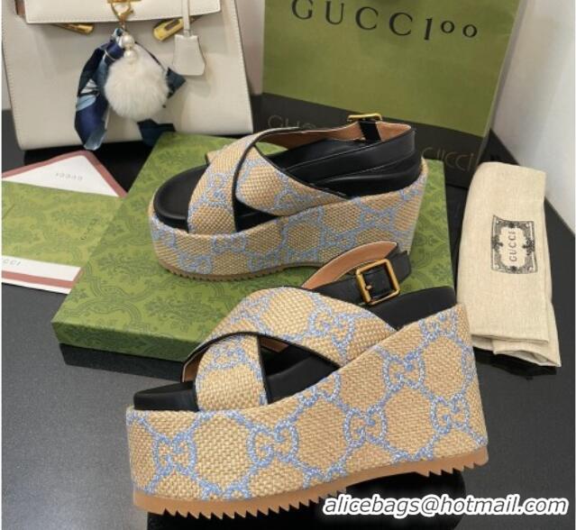 Unique Discount Gucci GG Platform Wedge Sandal 12cm Beige/Blue 07040609