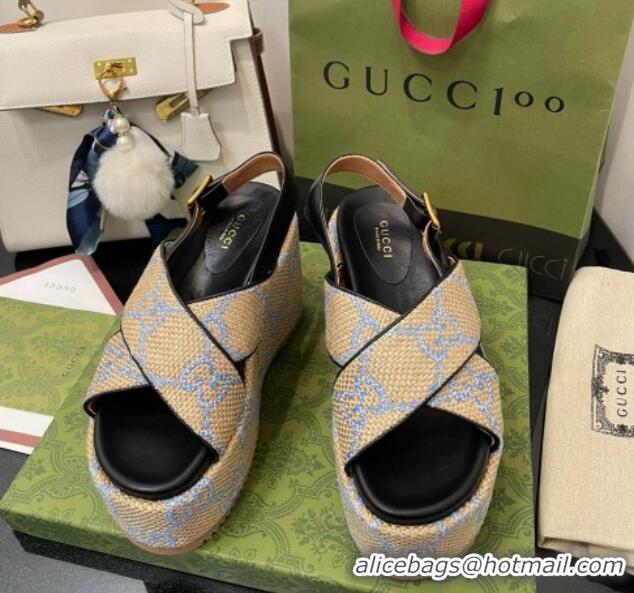 Unique Discount Gucci GG Platform Wedge Sandal 12cm Beige/Blue 07040609