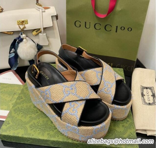 Unique Discount Gucci GG Platform Wedge Sandal 12cm Beige/Blue 07040609