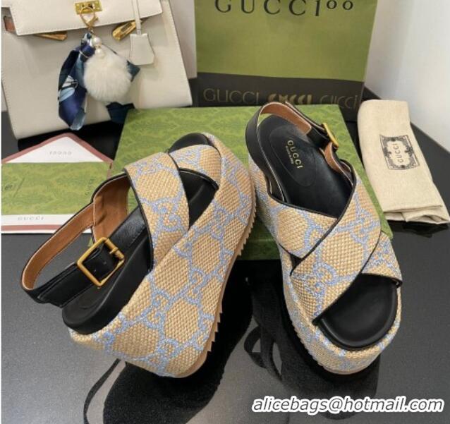 Unique Discount Gucci GG Platform Wedge Sandal 12cm Beige/Blue 07040609