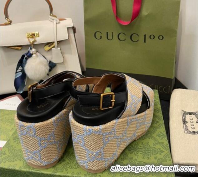 Unique Discount Gucci GG Platform Wedge Sandal 12cm Beige/Blue 07040609