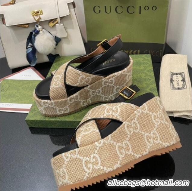 Discount Gucci GG Platform Wedge Sandal 12cm Beige/White 0704010