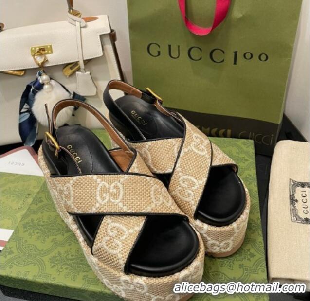 Discount Gucci GG Platform Wedge Sandal 12cm Beige/White 0704010