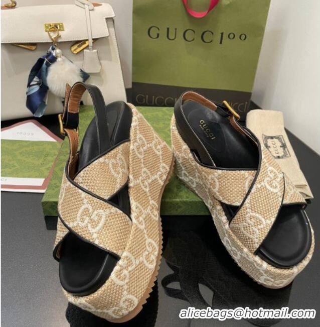 Discount Gucci GG Platform Wedge Sandal 12cm Beige/White 0704010