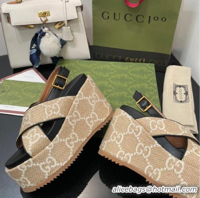 Discount Gucci GG Platform Wedge Sandal 12cm Beige/White 0704010