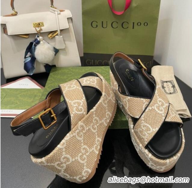 Discount Gucci GG Platform Wedge Sandal 12cm Beige/White 0704010