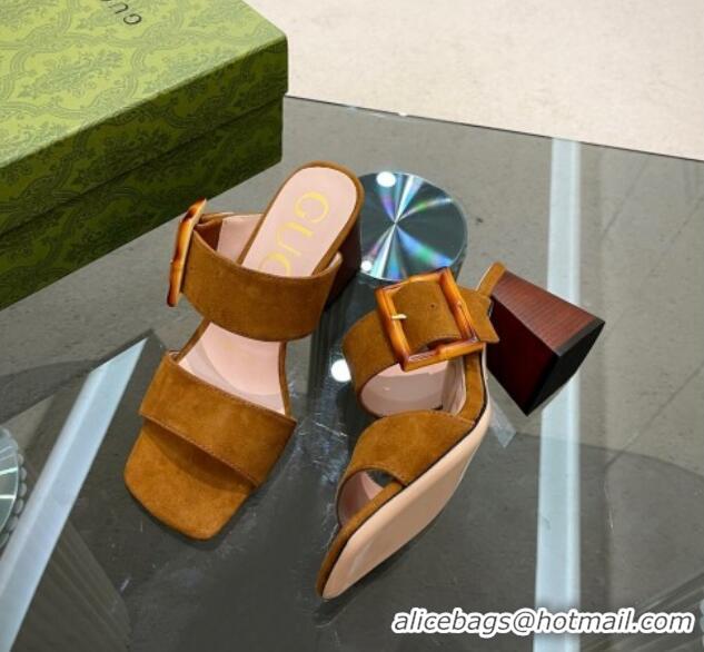 ​aaaaa Gucci Suede Sandals 7cm with Bamboo Buckle Brown 0706127