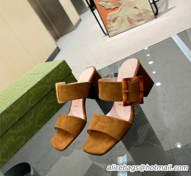 ​aaaaa Gucci Suede Sandals 7cm with Bamboo Buckle Brown 0706127