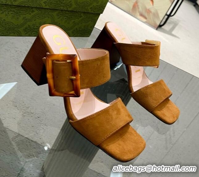 ​aaaaa Gucci Suede Sandals 7cm with Bamboo Buckle Brown 0706127