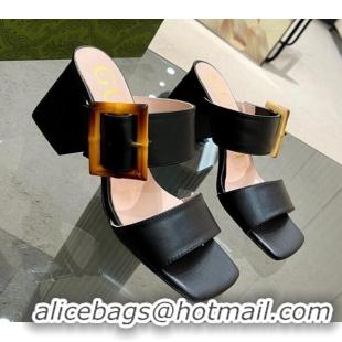 Classic Hot Gucci Leather Sandals 7cm with Bamboo Buckle Black 706131