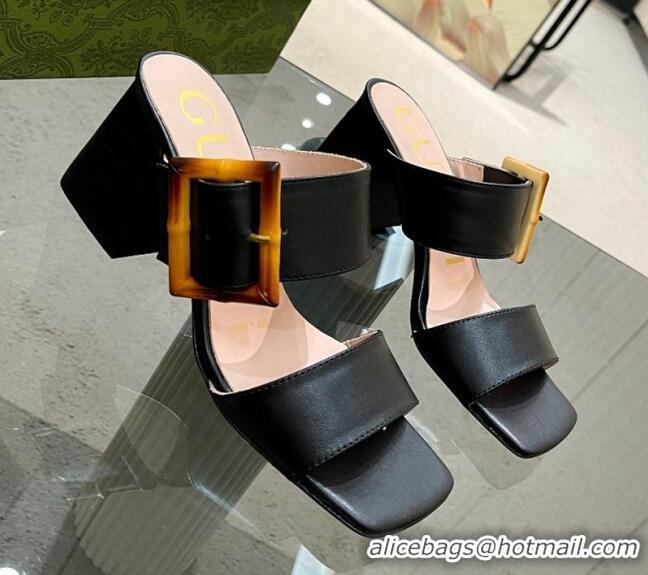 Classic Hot Gucci Leather Sandals 7cm with Bamboo Buckle Black 706131