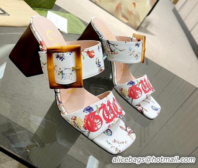 Purchase Gucci Print Sandals 7cm with Bamboo Buckle White 706132