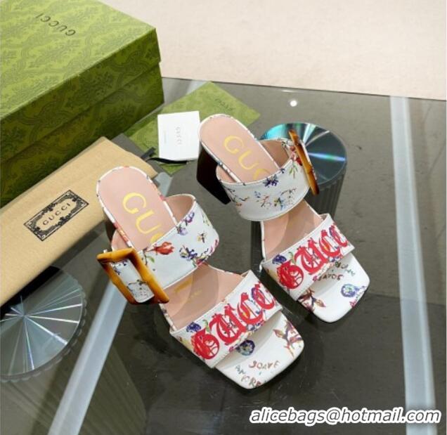 Purchase Gucci Print Sandals 7cm with Bamboo Buckle White 706132