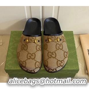 Popular Style Gucci Men's Maxi-GG Canvas Flat Mules with Horsebit Camel 071892