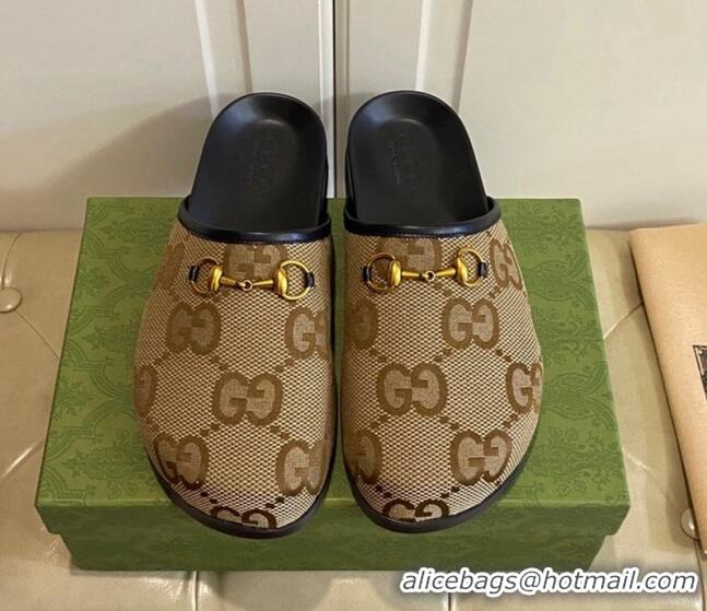 Popular Style Gucci Men's Maxi-GG Canvas Flat Mules with Horsebit Camel 071892