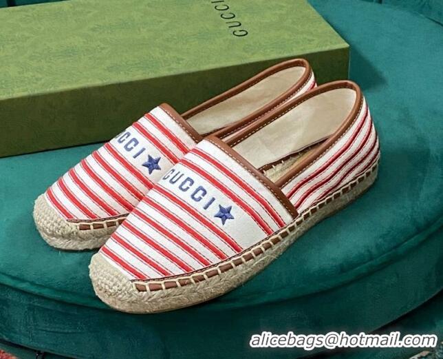 Stylish Gucci Striped Canvas Espadrilles White/Red/Brown 071899