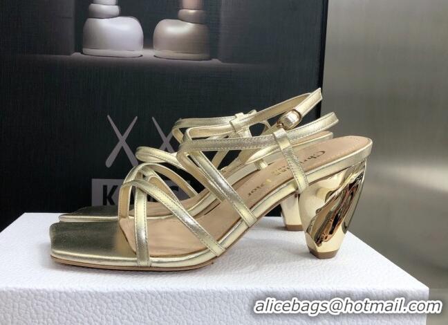 Duplicate Fendi Rhodes Lambskin Strap Heel Sandals 7.5cm Gold 2060171