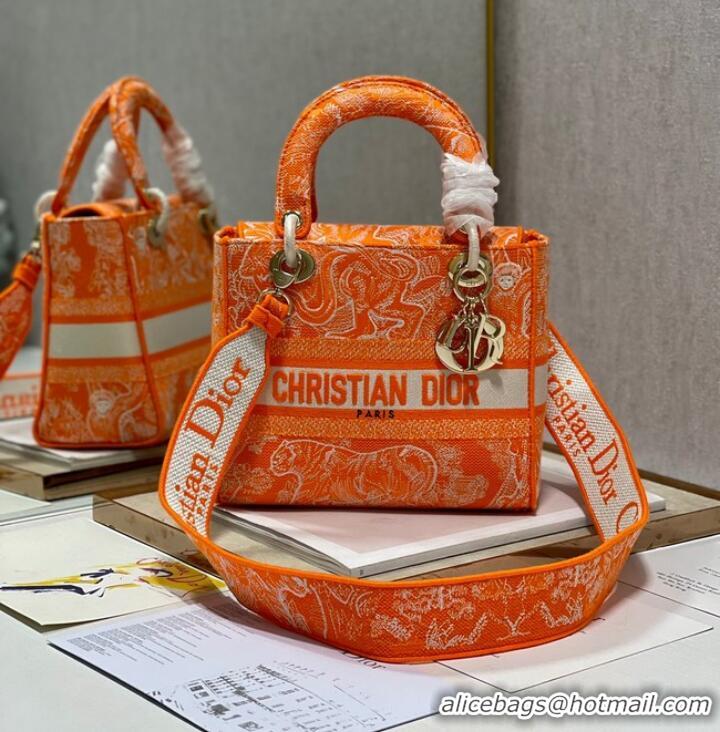 Promotional MEDIUM LADY D-LITE BAG Fluorescent Orange Toile de Jouy Reverse Embroidery M0565ORO