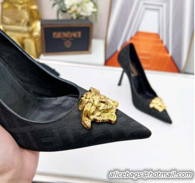 Stylish Versace x Fendi Fendace FF Fabric Pumps 11cm 062165 Black